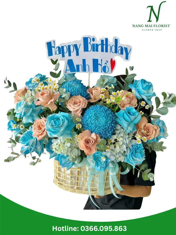 Giỏ Hoa Chúc Mừng Sinh Nhật Màu Xanh Nắng Mai Florist Giỏ hoa chúc mừng sinh nhật màu xanh Bình Dương